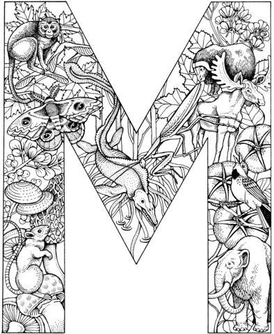 Letter M With Animals Coloring Page